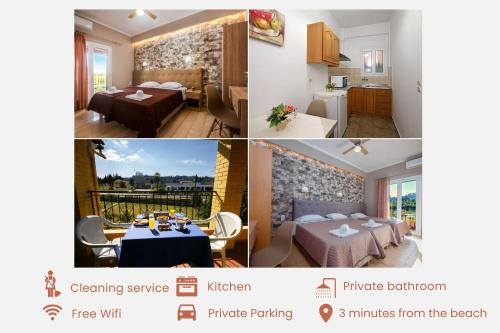 a collage of three pictures of a hotel room at Stavros Apartments Kontokali next to Gouvia Marina in Kontokali