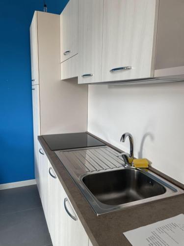 a kitchen with a sink and white cabinets at Le Ghie in Mondovì
