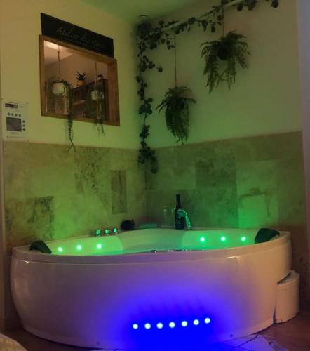 La salle de bains est pourvue d'une baignoire avec des lumières violettes. dans l'établissement détente centre historique de MÂCON avec spa et ciné, à Mâcon