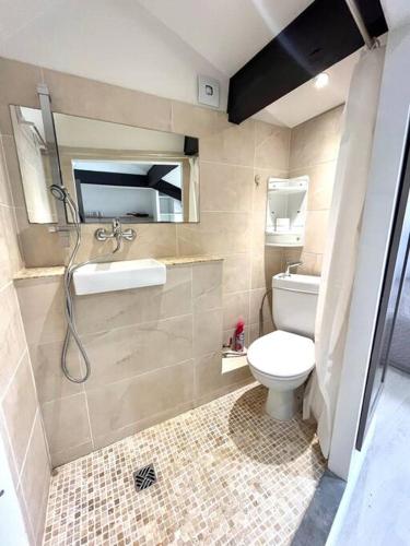 une petite salle de bain avec toilettes et lavabo dans l'établissement Cozy studio near Casino Monte-Carlo, à Beausoleil