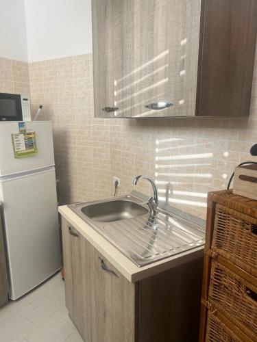 a kitchen with a sink and a refrigerator at Villa Al Mare Guest House in Tre Fontane