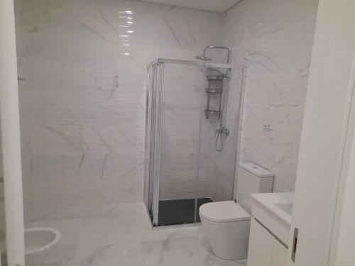 ein weißes Bad mit einer Dusche und einem WC in der Unterkunft Casa da Praça in Murtosa