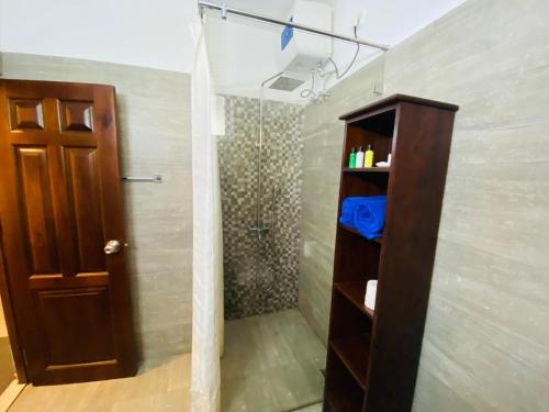 a bathroom with a shower with a wooden door at Hotel Gangaaddara in Kandy
