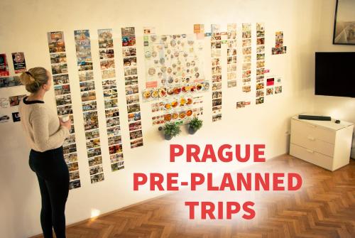 a woman looking at a poster on a wall at Double King Size Sunny Suite In Castle Area in Prague