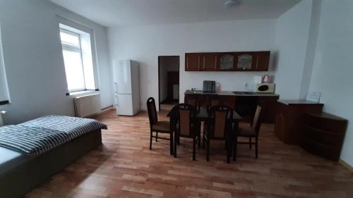 a kitchen and dining room with a table and chairs at Apartmány Pražská in Ústí nad Labem