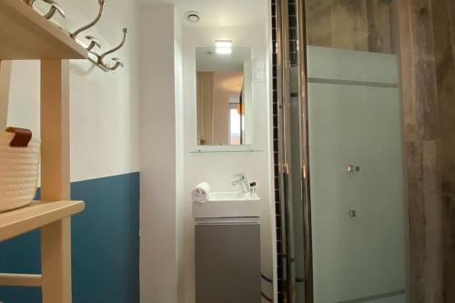 een badkamer met een douche, een wastafel en een spiegel bij Justine Beau T1 Bis au pied des gares TGV ! in Lille