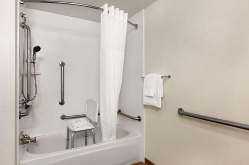 a bathroom with a bath tub with a shower curtain at Hampton Inn Orlando International Drive Convention Center in Orlando