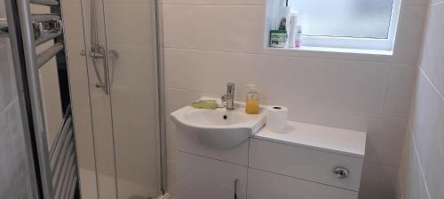 a white bathroom with a sink and a shower at Appendix 254 in Oldbury