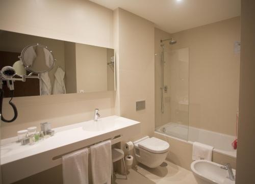 a bathroom with a sink and a toilet and a mirror at Carris Cardenal Quevedo in Ourense
