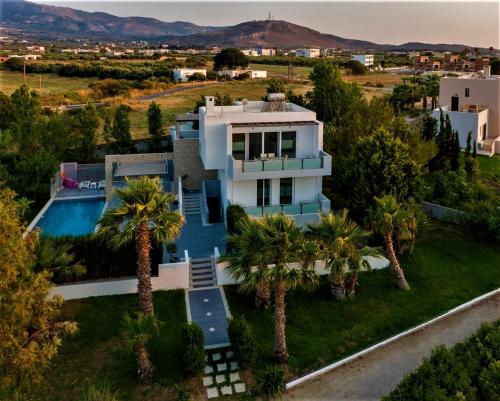 an aerial view of a house with palm trees at Xenos Villa 1 in Tigaki