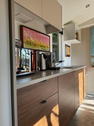a kitchen with a counter with a tv on the wall at Palazzo delle Biscie - Old Tower & Village in Molinella