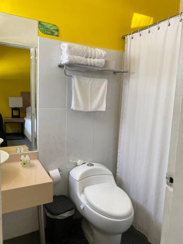 a bathroom with a white toilet and a sink at Hotel Aromax del Campestre in Medellín