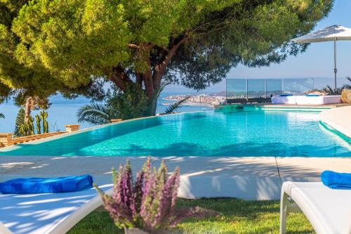 a swimming pool with a tree and the water at LXR Villa with breathtaking views to the Mediterranean 4 HAB in Torremuelle