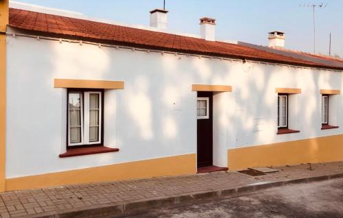 - un bâtiment blanc avec une porte et des fenêtres noires dans l'établissement Casa do Ti'Xico, à Aljustrel