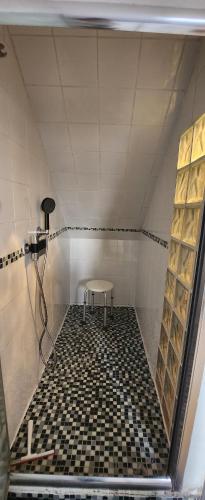 um quarto com um chuveiro com um banco e piso em azulejo em Duplex dans pavillon neuilly sur marne entre Paris et disney em Neuilly-sur-Marne