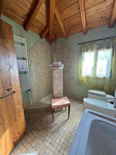 a bathroom with a tub and a toilet and a window at Palazzo delle Biscie - Old Tower & Village in Molinella
