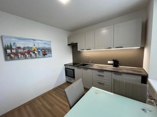 a kitchen with white cabinets and a table with chairs at Kaštanová 27 in Olomouc