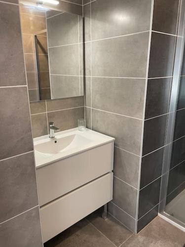une salle de bain avec un lavabo et un miroir dans l'établissement Chalet Saint Victor, Praz sur Arly, à Praz-sur-Arly