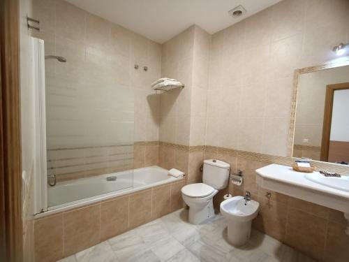 a bathroom with a toilet and a tub and a sink at La Luna Blanca in Torremolinos