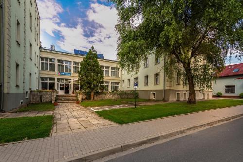 a building with a tree in front of a street at DW Halka in Kudowa-Zdrój