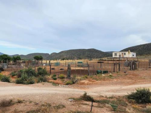 a field with a fence and mountains in the background at Magoos on 62 in Ladismith