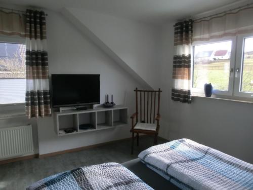 a living room with a tv and a chair and windows at Wiesenblick in Brilon