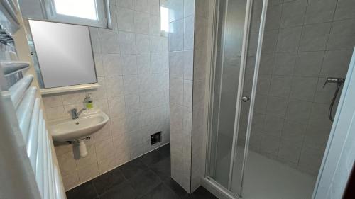 La salle de bains est pourvue d'une douche et d'un lavabo. dans l'établissement Apartmány chata Samoty, à Železná Ruda