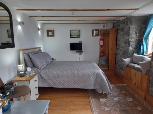 a bedroom with a bed and a couch and a tv at Lost in Thyme in Lajes do Pico