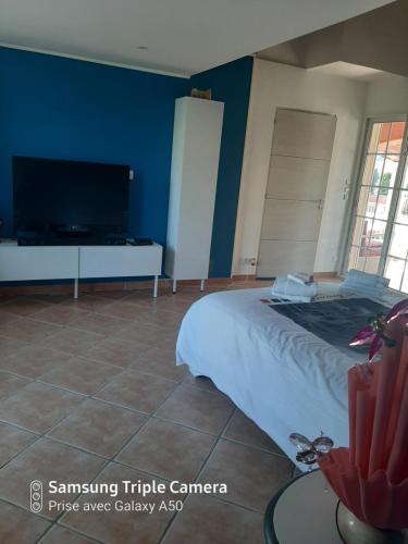 - une chambre avec un grand lit et une télévision dans l'établissement Un coin de paradis, à Saint-Cyr-sur-Mer