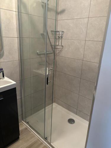 a shower with a glass door next to a sink at Clifden Lodge 1 Bedroom Apt in Killarney