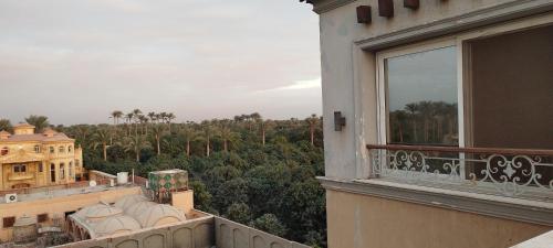 a balcony with a view of a building and trees at Pyramids Queen Hotel in Cairo