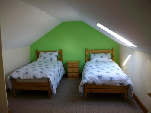 Duas camas num quarto com uma parede verde em Clonmacnoise B&B em Clonmacnoise