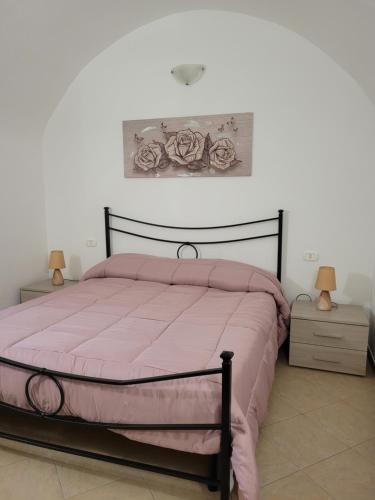 ein Schlafzimmer mit einem Bett mit einer rosa Decke in der Unterkunft LA CASA DI SIRA in Veiano