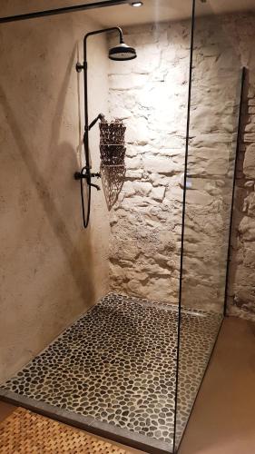 a shower in a bathroom with a stone wall at Le Lodge des Flâneurs in Vielsalm