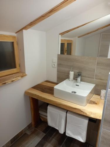 ein Badezimmer mit einem weißen Waschbecken und einem Spiegel in der Unterkunft Seoska kuca Vidikovac in Prozor