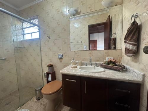 a bathroom with a sink and a toilet and a shower at Recanto do Aconchego in Campos do Jordão