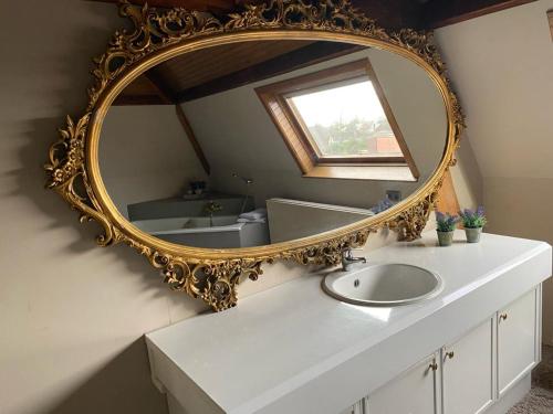 een badkamer met een spiegel boven een wastafel bij Hotel Hooghuys in Hamont