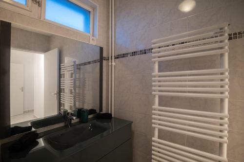 een badkamer met een wastafel en een spiegel bij APPARTEMENT ARENA/ GROUPAMA STADIUM/ EUREXPO in Décines-Charpieu