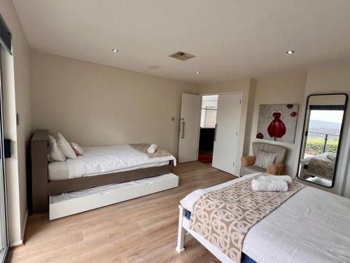 a bedroom with two beds and a mirror at Hobart View in Hobart