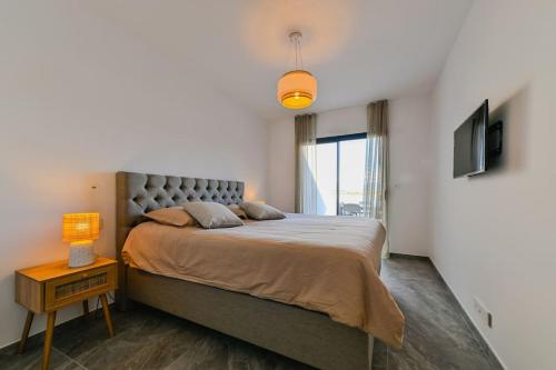 a bedroom with a large bed and a television at Le Galatée ,T2 luxe pieds dans l'eau in Porticcio