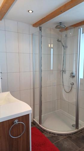 a shower with a glass door in a bathroom at Haus Patscheider in Nauders