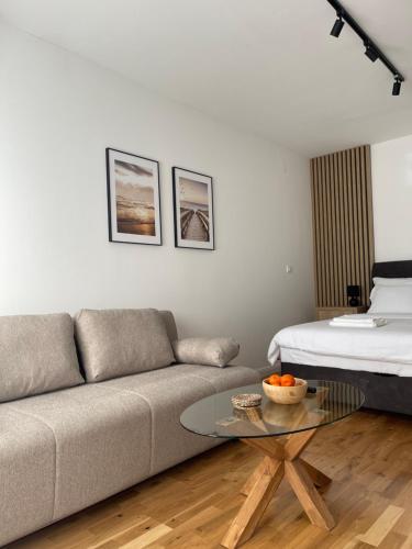 ein Wohnzimmer mit einem Sofa, einem Tisch und einem Bett in der Unterkunft Apartman Aleksandar in Temerin