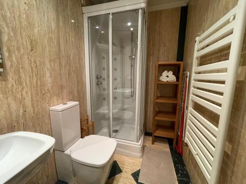 een badkamer met een douche, een toilet en een wastafel bij Atuaire Home Luz de Burgos II Centro con Parking Incluido in Burgos