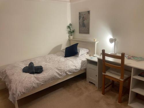 a bedroom with a bed with a desk and a chair at Central Poole spacious room in Edwardian house in Poole