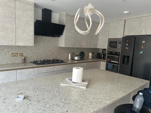a kitchen with a granite counter top and a black refrigerator at Private Room with attached Bathroom in The Hyde