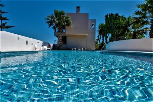 a swimming pool in front of a house with palm trees at XENOS VILLA 2 near the sea in Tigaki