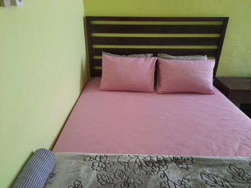 a bedroom with a pink bed with two pink pillows at Kayangan Apartment in Kangar