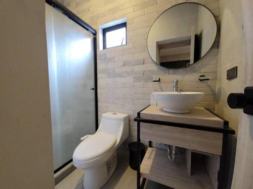 uma casa de banho com um WC, um lavatório e um espelho. em Reluciente departamento em Chihuahua