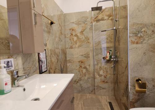 bagno con lavandino e doccia di Kompleksi CFN ALBANIA a Pogradec