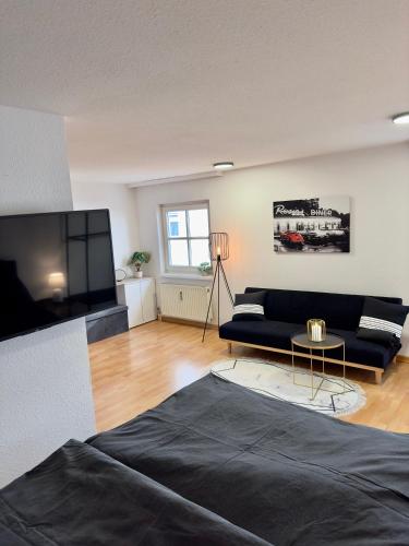 a living room with a couch and a tv at Charmante Wohnung am Hafen in Bregenz
